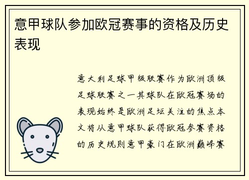 意甲球队参加欧冠赛事的资格及历史表现